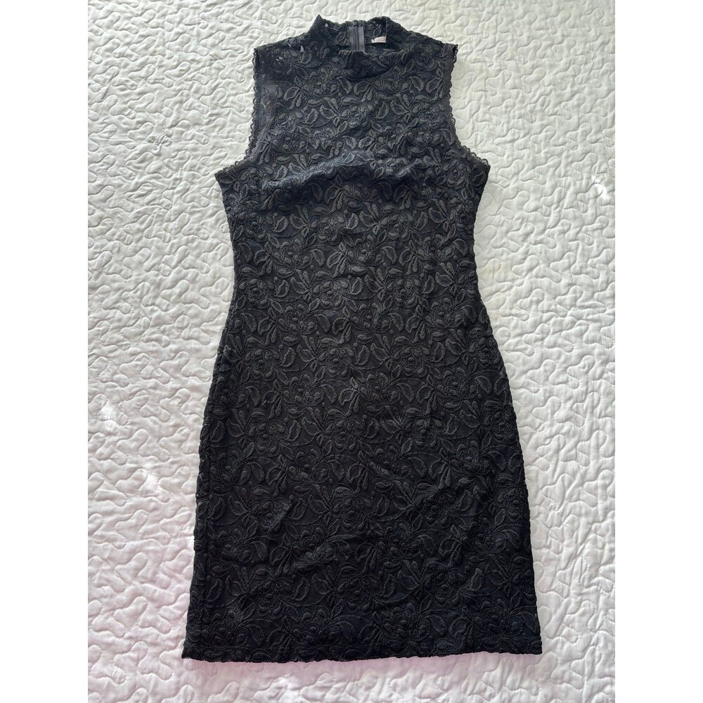 Soprano Black Floral Embroidered Lace Highneck Bodycon Sleeveless Dress size M